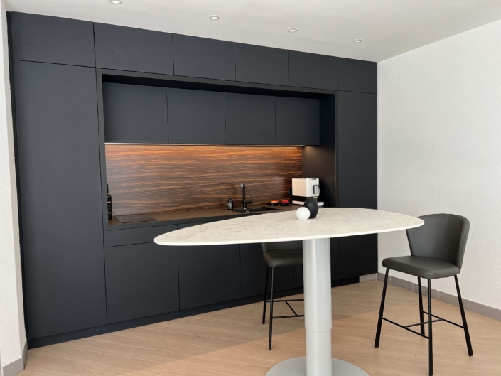 Cuisine Design Noir Mat Quartz Blanc Menuiserie Suarato Lausanne